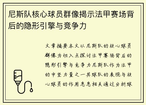 尼斯队核心球员群像揭示法甲赛场背后的隐形引擎与竞争力